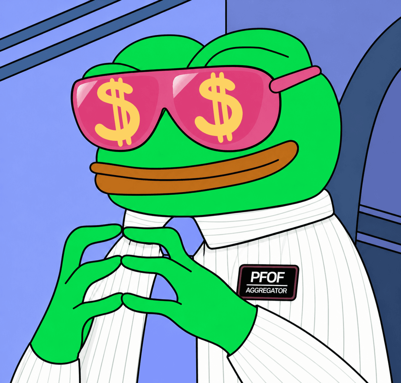 PFOF Frog wearing pink dollar-sign sunglasses and a PFOF Aggregator shirt