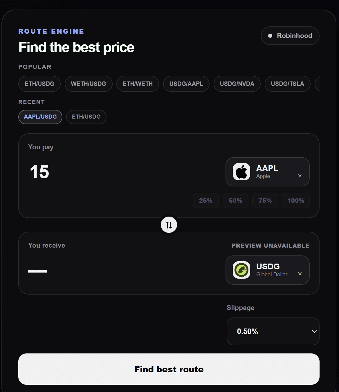 PFOF swap form with token and amount controls